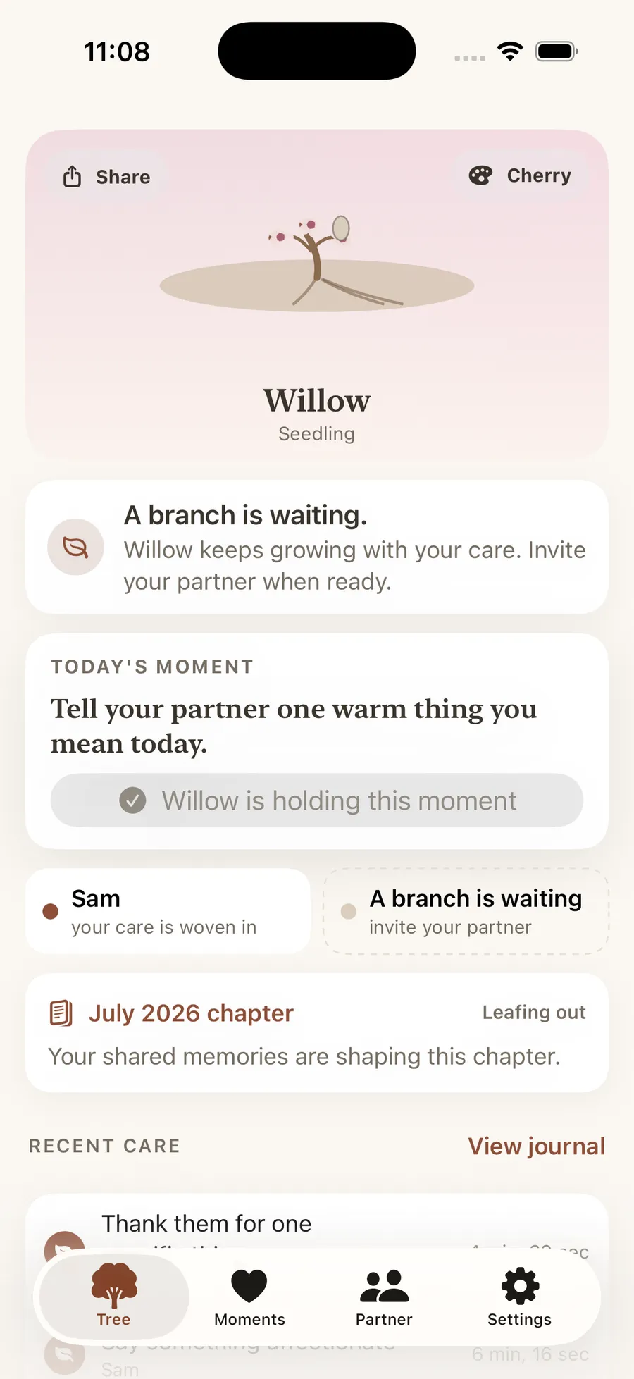 Relatree living tree screen showing Willow and a daily moment