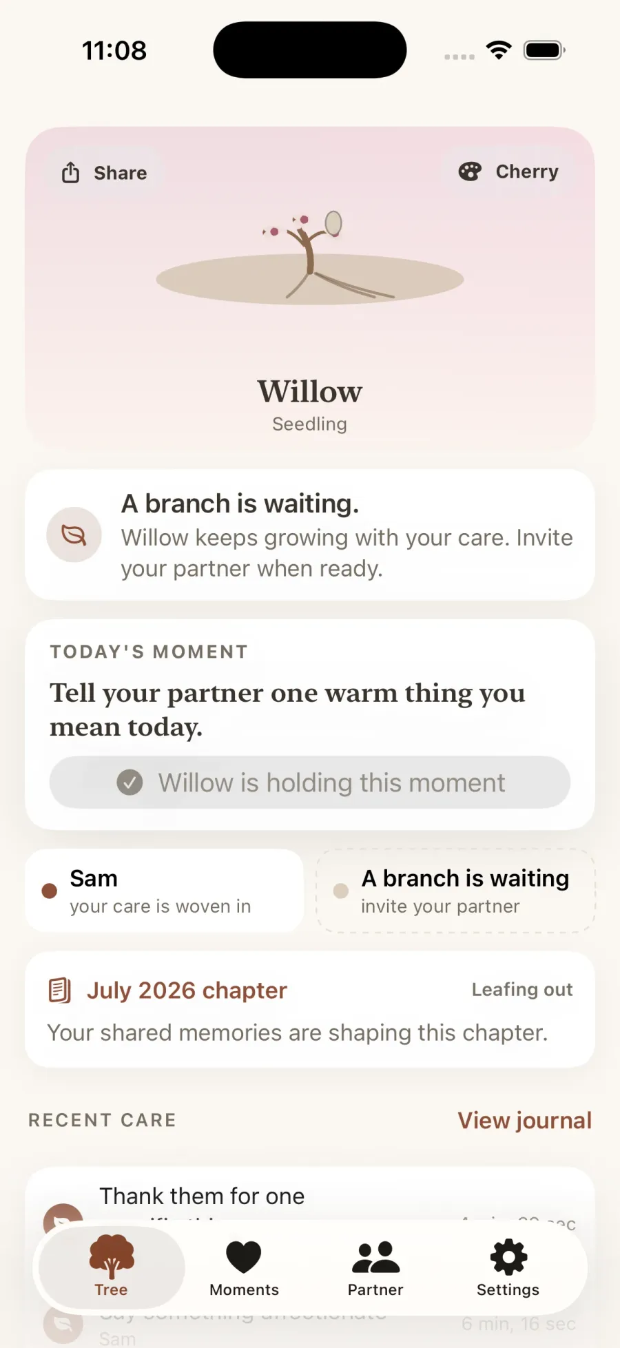 Relatree living tree screen showing Willow and a daily moment